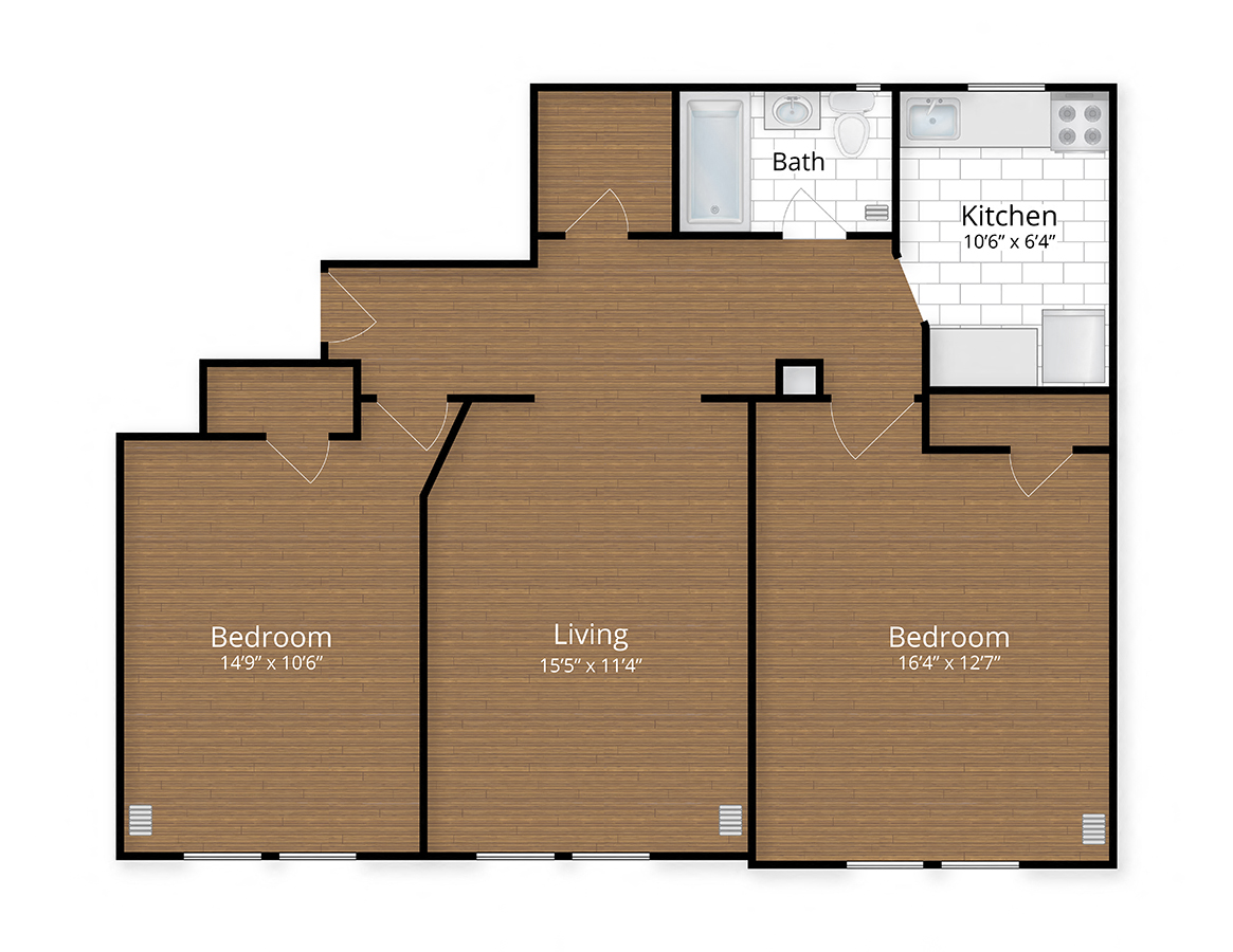 Floor plan for 2 beds, 1 bath, 948 sqft